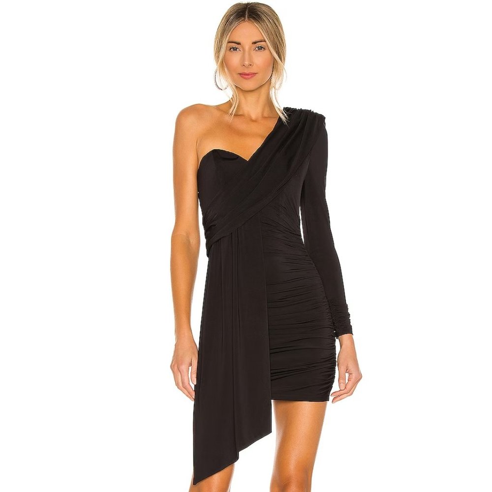 Michael Costello x Revolve Carmen One Shoulder Slinky Ruched Black Dress NWT